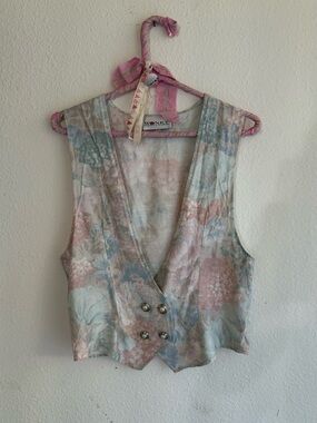 Vintage 80s Wonky USA Pastel Floral Double Breasted Pearl Button Vest L